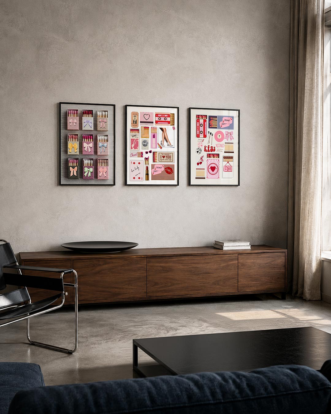 Strikjes en lucifers posterset – tweede productweergave – deze driedelige postercombinatie toont luciferdoosjes met