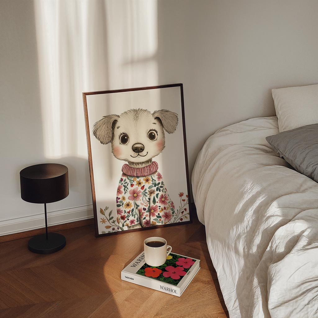 Schattige Puppy met Bloemen Trui – kinderposter in staand formaat