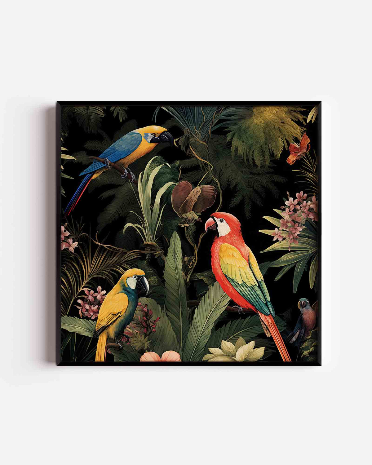 Papegaaien en bladeren – jungle vierkante poster als wanddecoratie