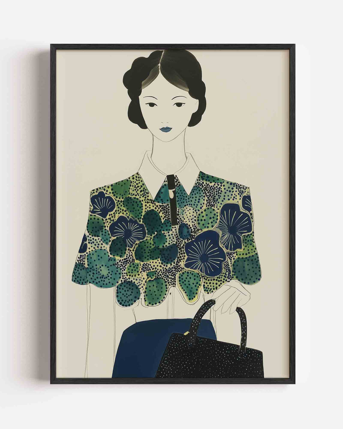 Vrouw met bloemenblouse – moderne portret poster als wanddecoratie