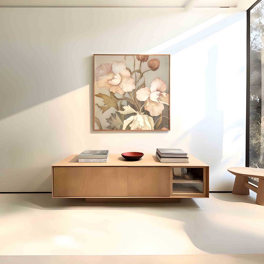 Bloemen in zachte tinten – vierkante bloemen wanddecoratie van WallArtistic