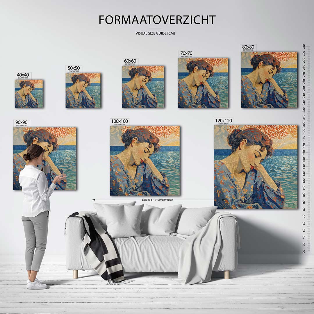 Dromerige vrouw kunstwerk – sfeerbeeld – dit werk toont een vrouw met gesloten ogen, omringd door een zee en lucht. De stijl