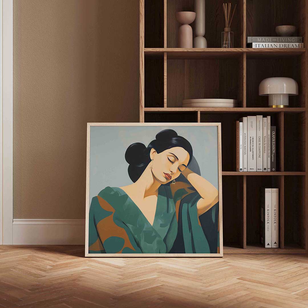 Vrouw met gesloten ogen – kleurrijke vierkante wanddecoratie van WallArtistic