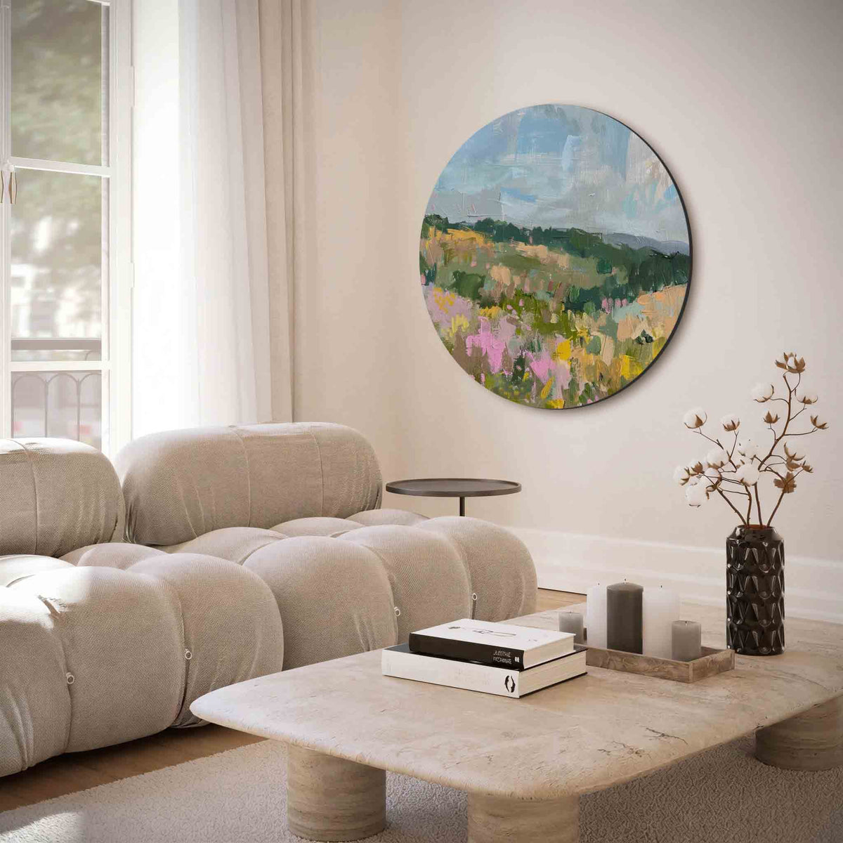 Landschap met bloemen – muurcirkel met abstracte texturen voor aan de muur