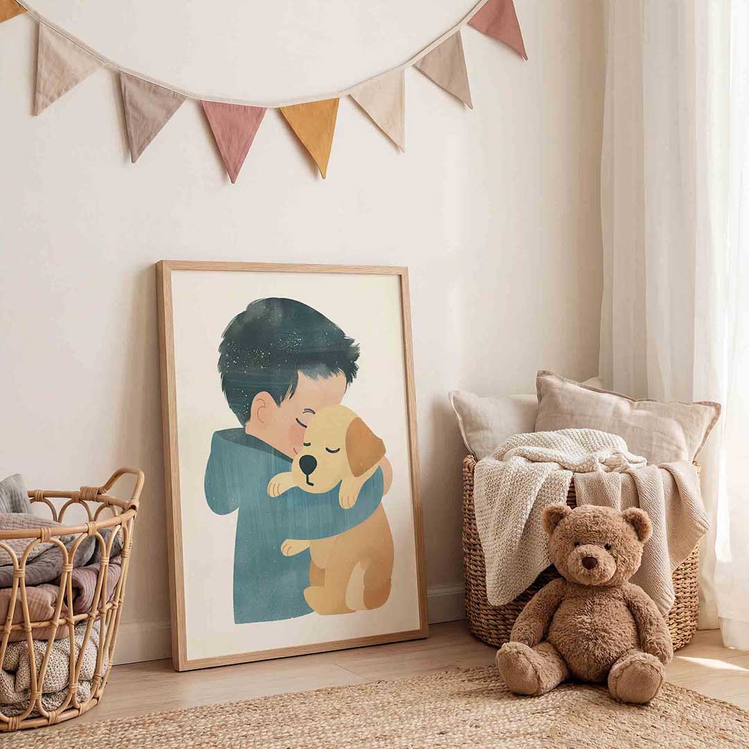 Kind met hond – speelse wandkunst als portret kinderposter