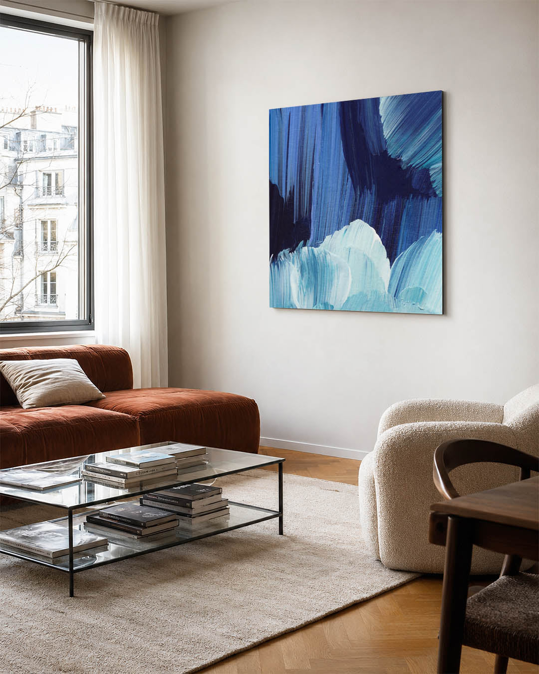 Dynamische blauwe strokes kunstwerk – vierkante wanddecoratie – dit werk toont vloeiende penseelstreken in verschillende