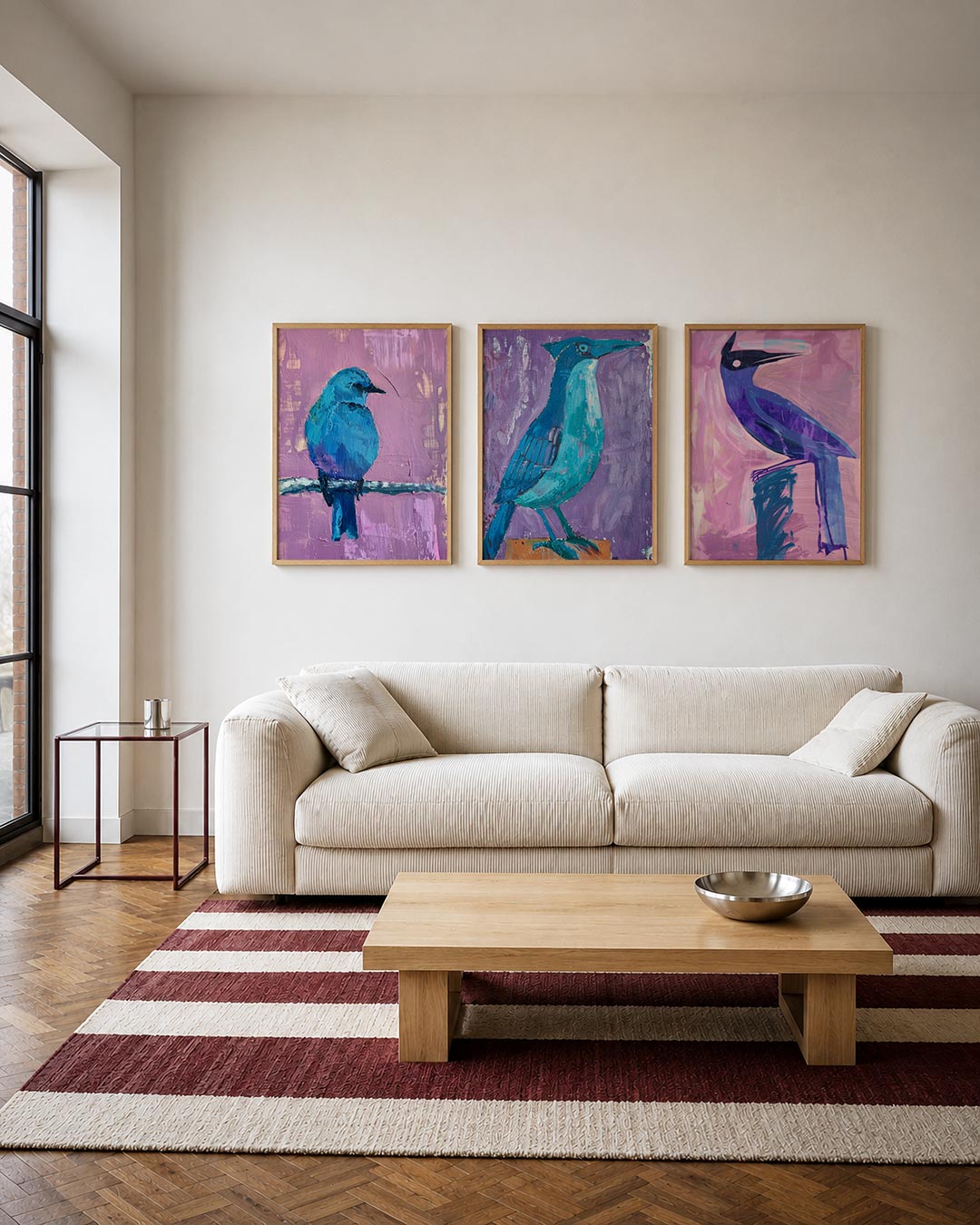 Vogel en kleurvlakken driedelige posterset – een blauwe vogel op een tak tegen een lila achtergrond