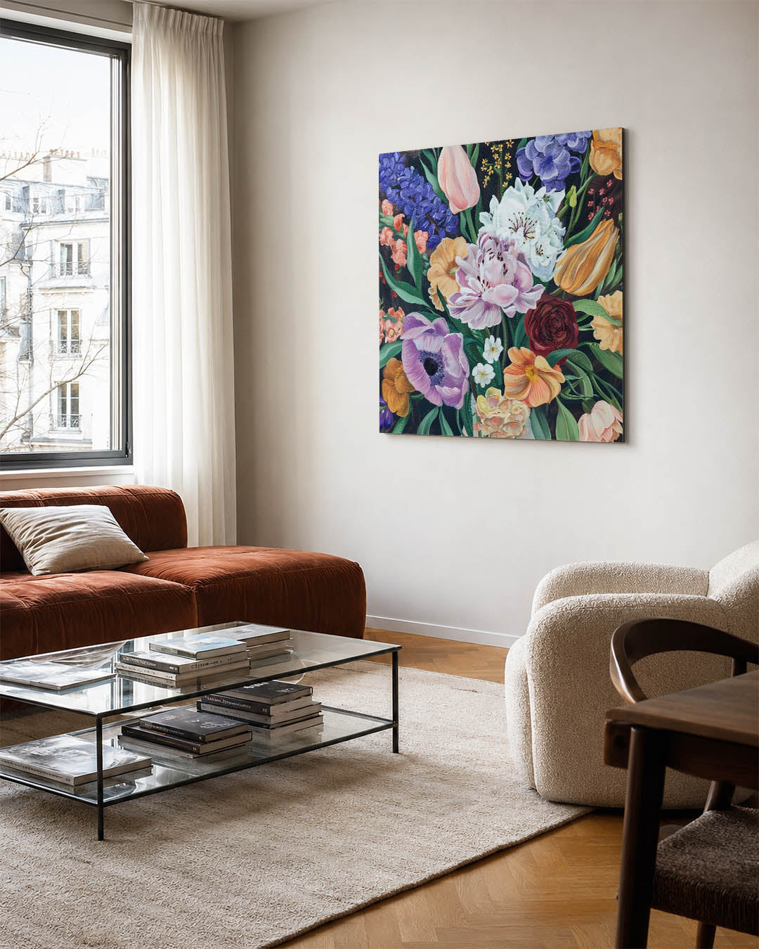 Bloemenexplosie kunstwerk – vierkante wanddecoratie – dit werk toont een levendige verzameling bloemen in diverse kleuren en