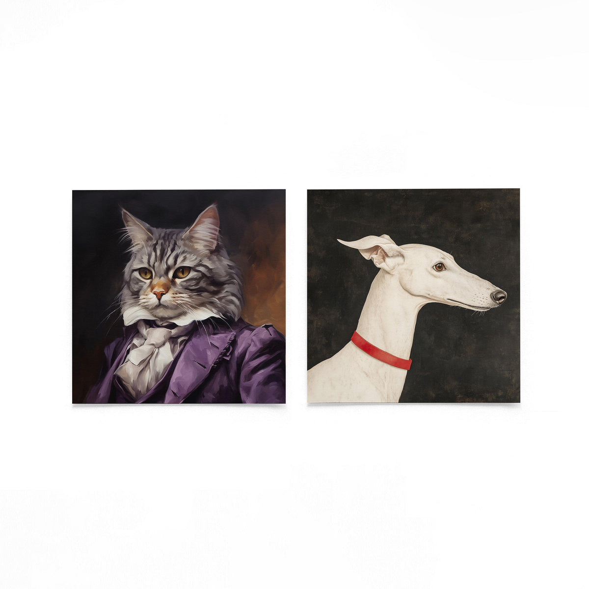 Twee vierkante posters met kat en windhond op een gebroken witte achtergrond
