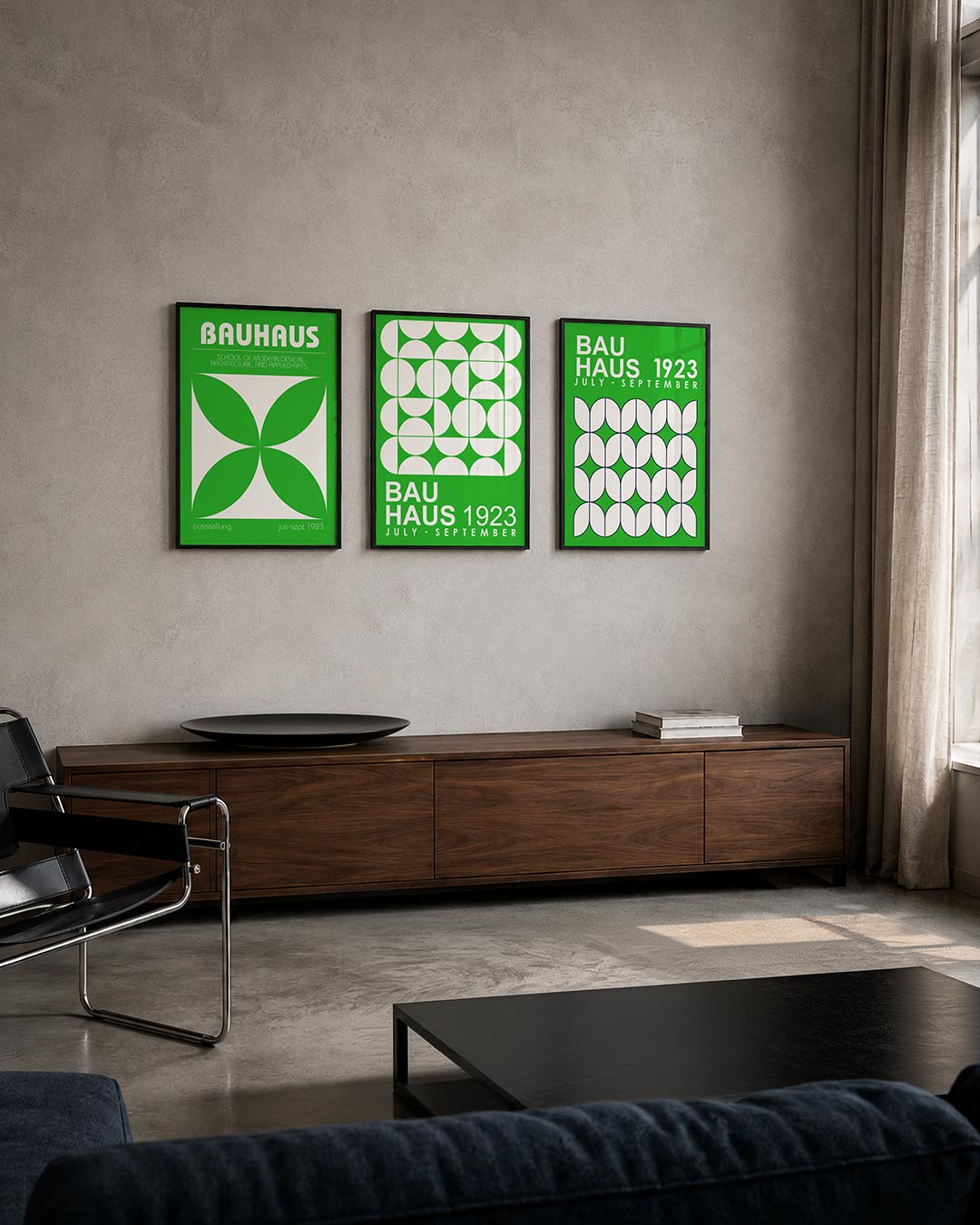 Groene symmetrie driedelige posterset – deze posterset in drie delen toont een levendige groene achtergrond met een centraal