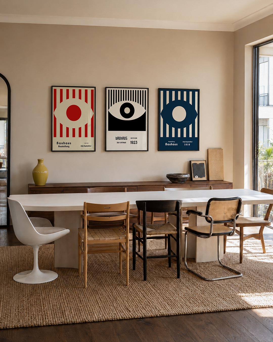 Rode cirkelpatronen driedelige posterset – deze posterset in drie delen toont een centrale rode cirkel omringd door verticale