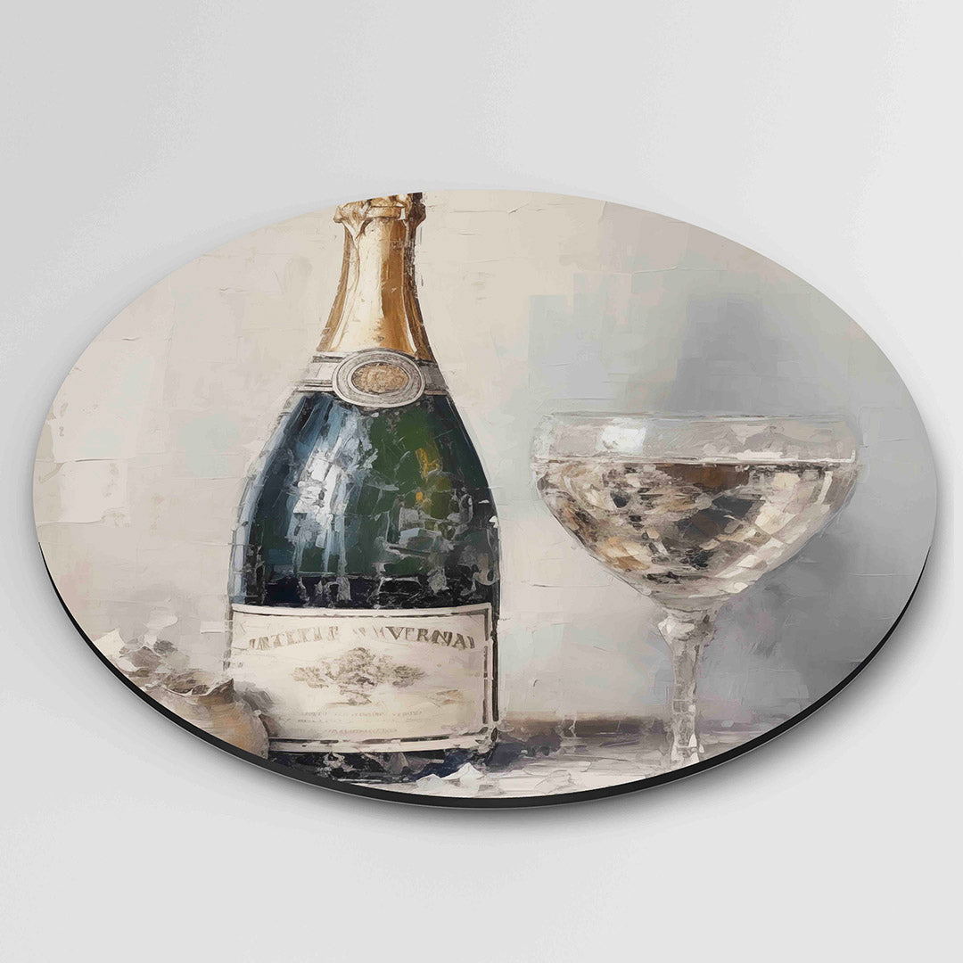 Champagnefles en glas – ronde wanddecoratie met abstract ontwerp