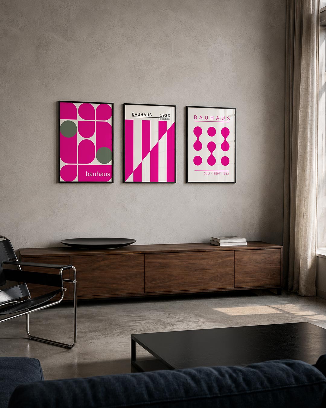 Vormen en kleur driedelige posterset – deze posterset in drie delen toont levendige roze en grijze