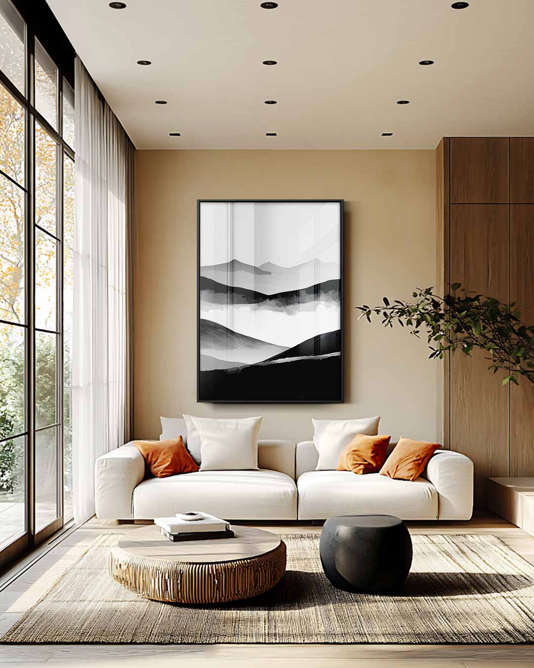 Sereen Landschap in Zwart & Wit – staande wandkunst voor woonkamer of interieur