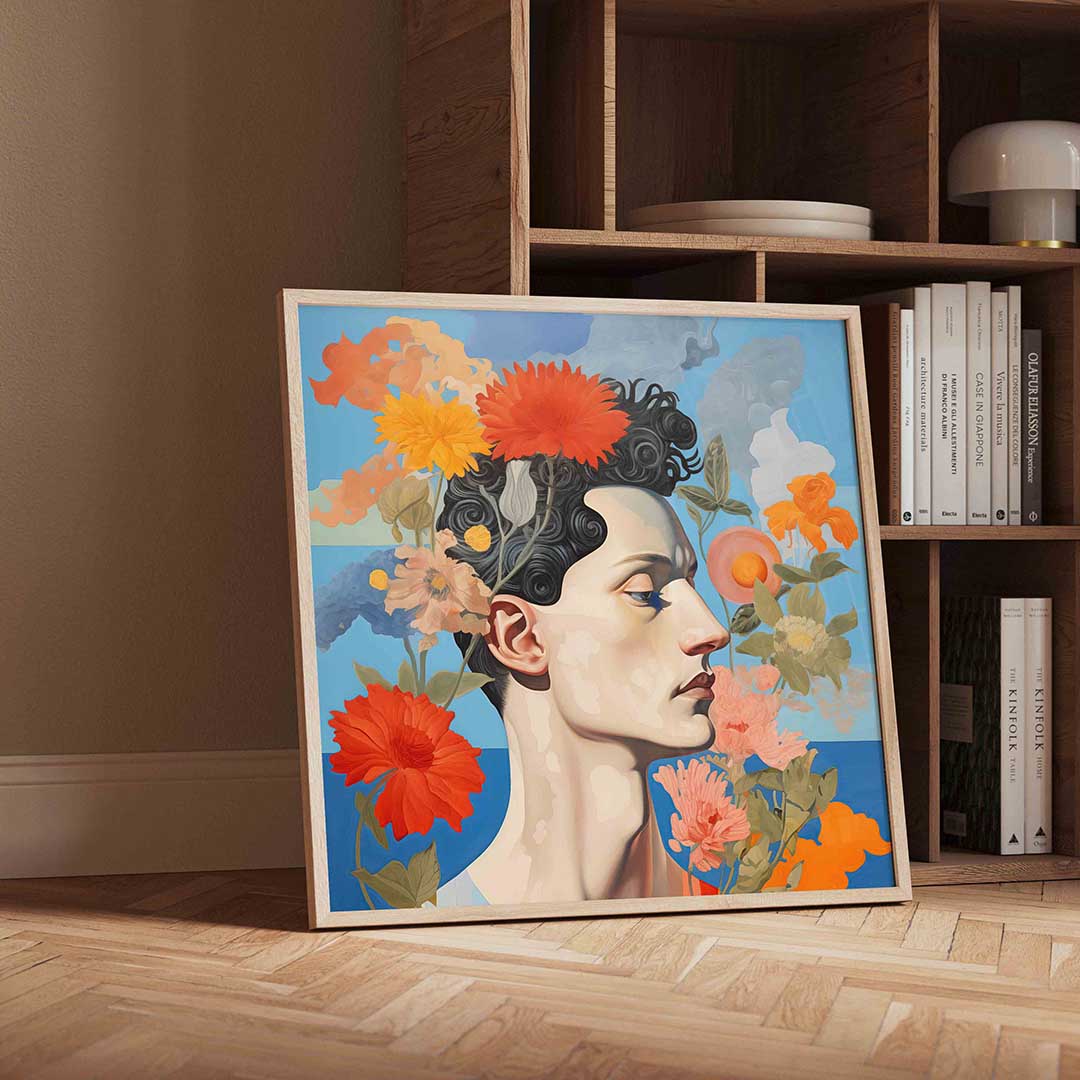 Bloemen en profiel – geïllustreerde wandkunst als vierkante poster