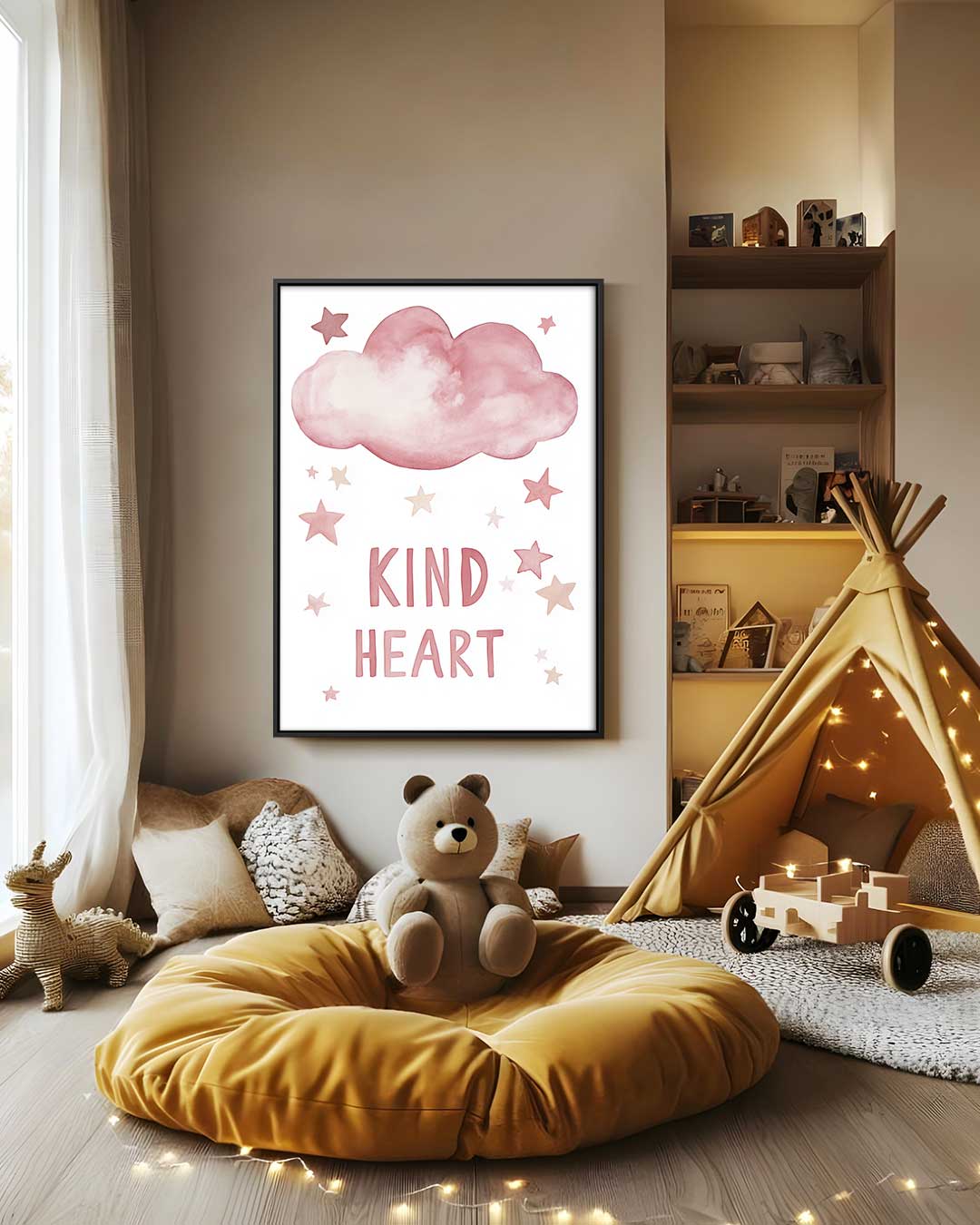 Dromerige Roze Wolk en Sterren Poster – staand kunstwerk voor modern interieur