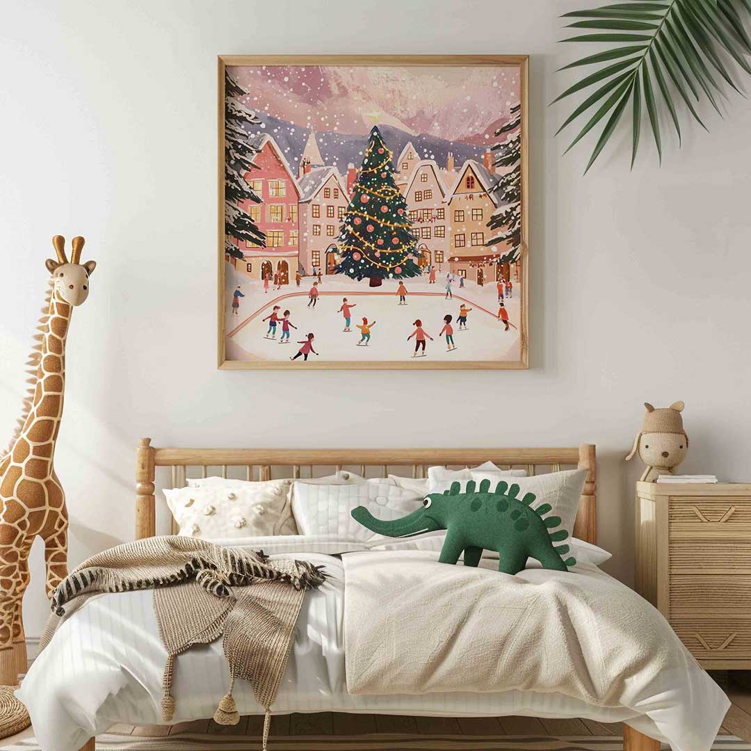 Schaatsende mensen bij kerstboom – vierkante kinderkamer wanddecoratie van WallArtistic
