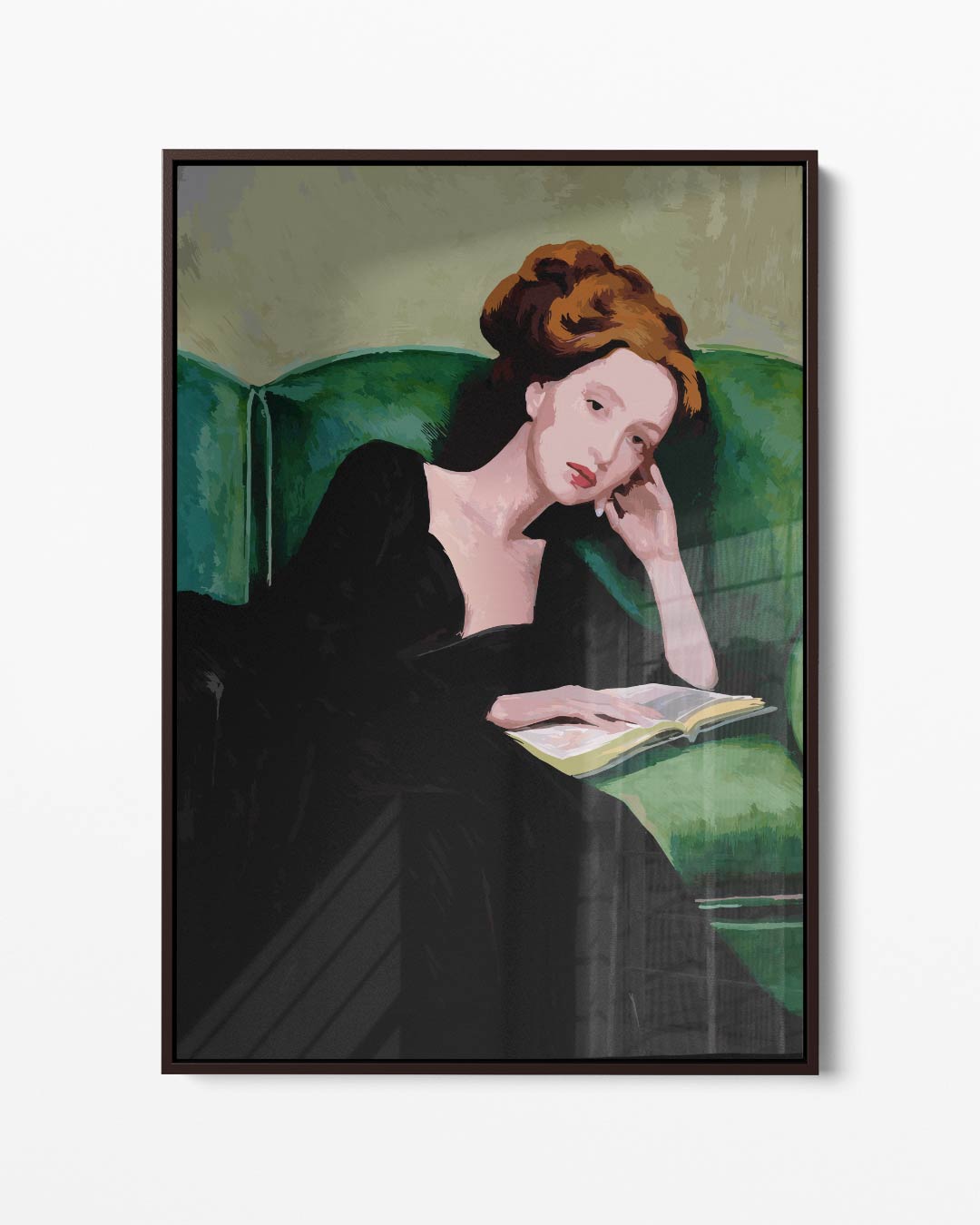 Dromerige Lezeres op Groene Bank – portret kunstwerk als wanddecoratie