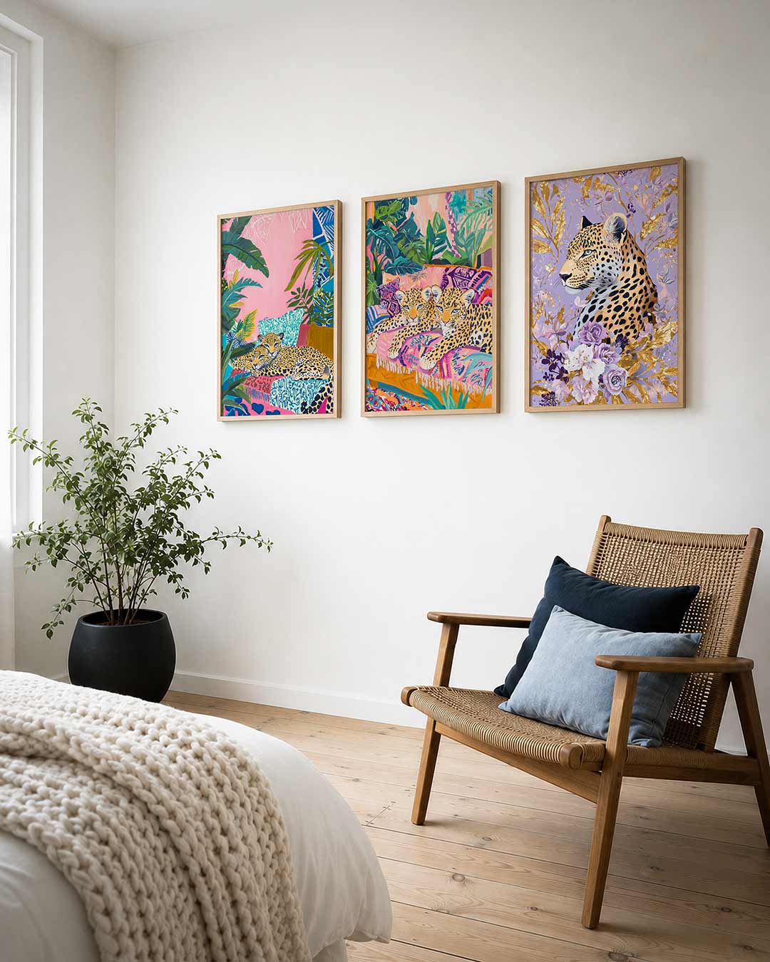 Kleurrijke jungle rust posterset – detailweergave – twee luipaarden ontspannen te midden van levendige bladeren
