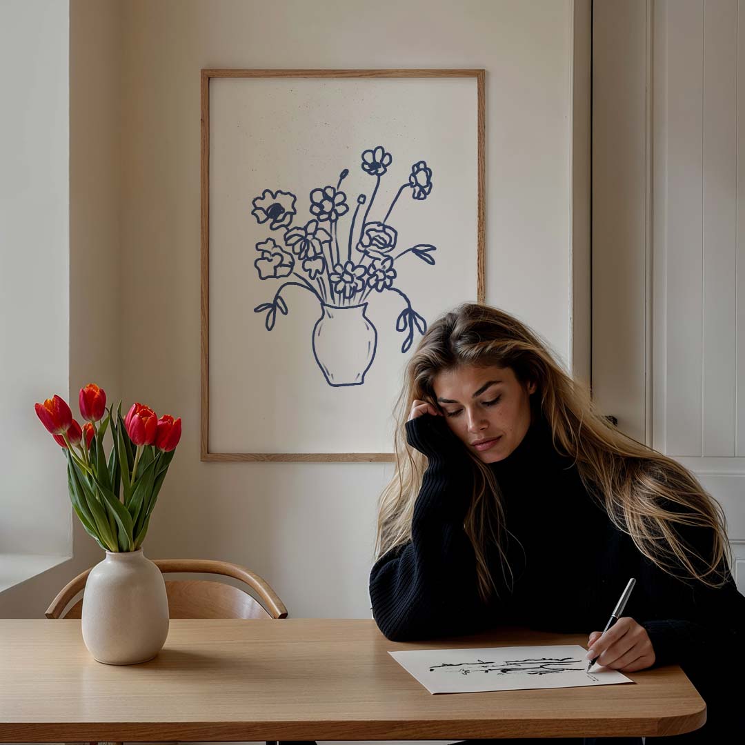 Bloemstilleven in Blauw – bloemen poster in staand formaat