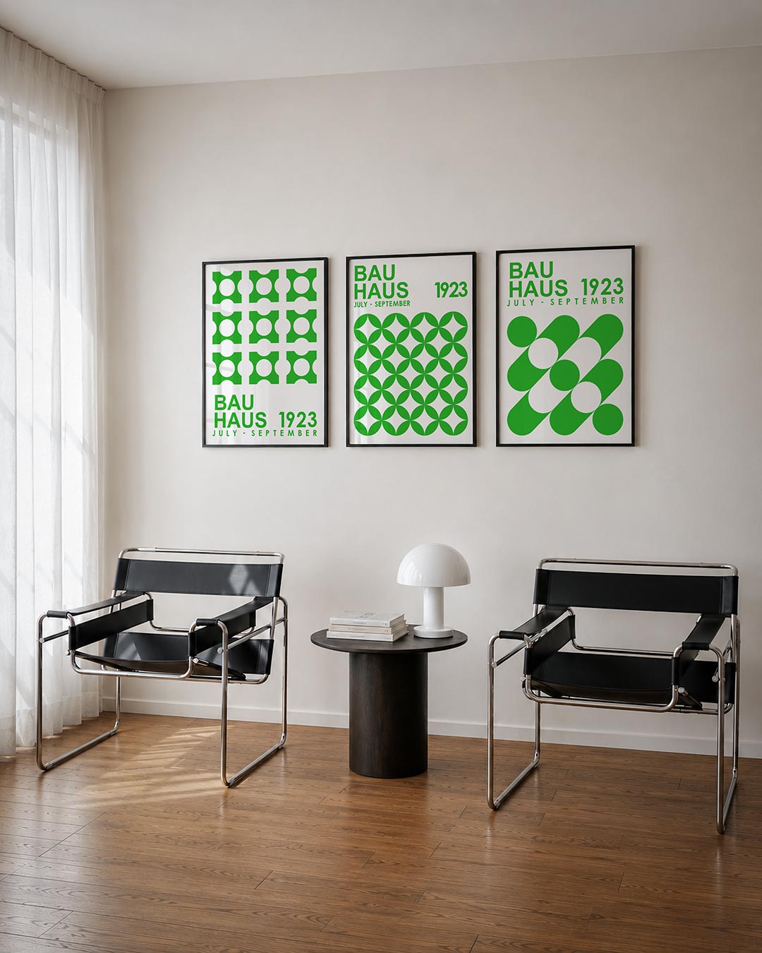 Groene cirkelpatronen posterset – tweede productweergave – deze posterset toont een ritmisch patroon van groene vormen met