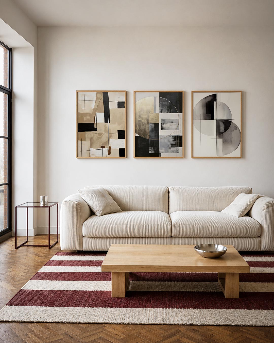 Lijnen en vlakken driedelige posterset – deze posterset in drie delen toont een spel van beige en