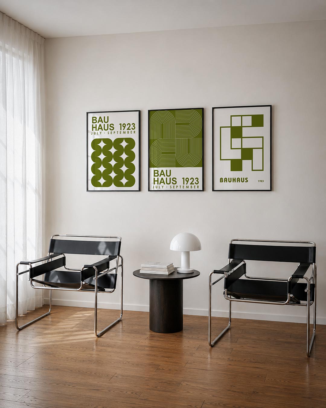 Vorm en ritme driedelige posterset – deze posterset in drie delen toont een speelse ordening van olijfgroene halve cirkels en