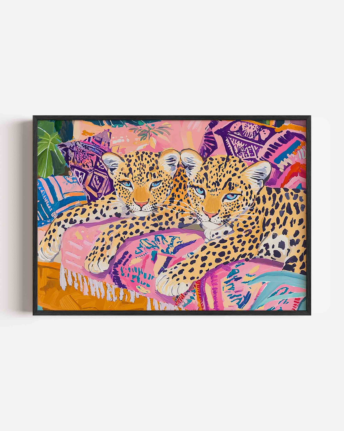Luipaarden op kleurrijke kussens – jungle landscape poster als wanddecoratie