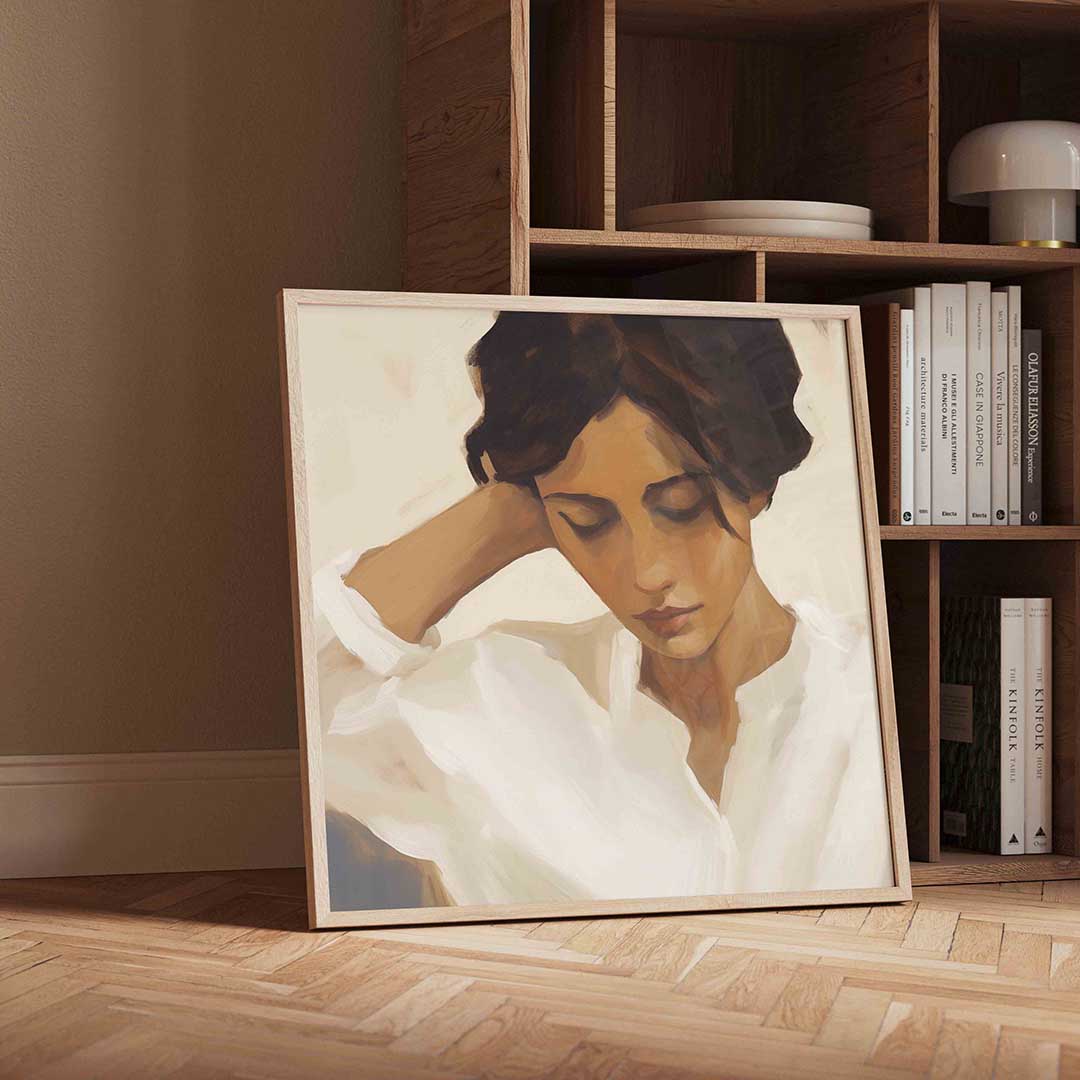 Vrouw met gesloten ogen – vierkante portret wanddecoratie van WallArtistic