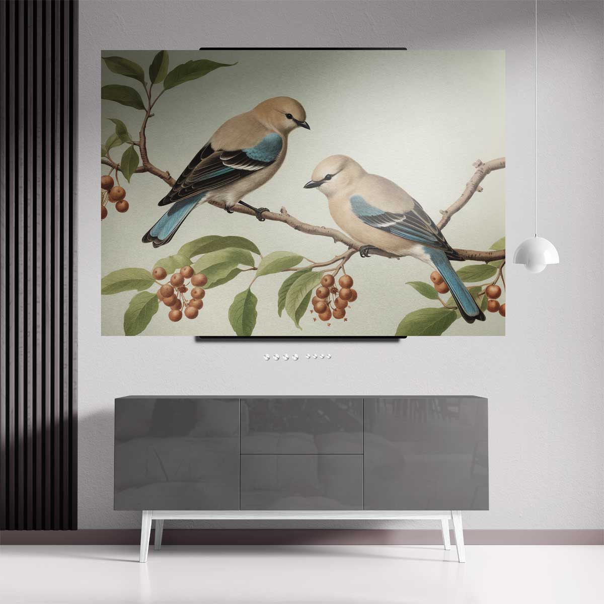 Twee Vogelvriendjes op een Tak – staande wandkunst voor woonkamer of interieur