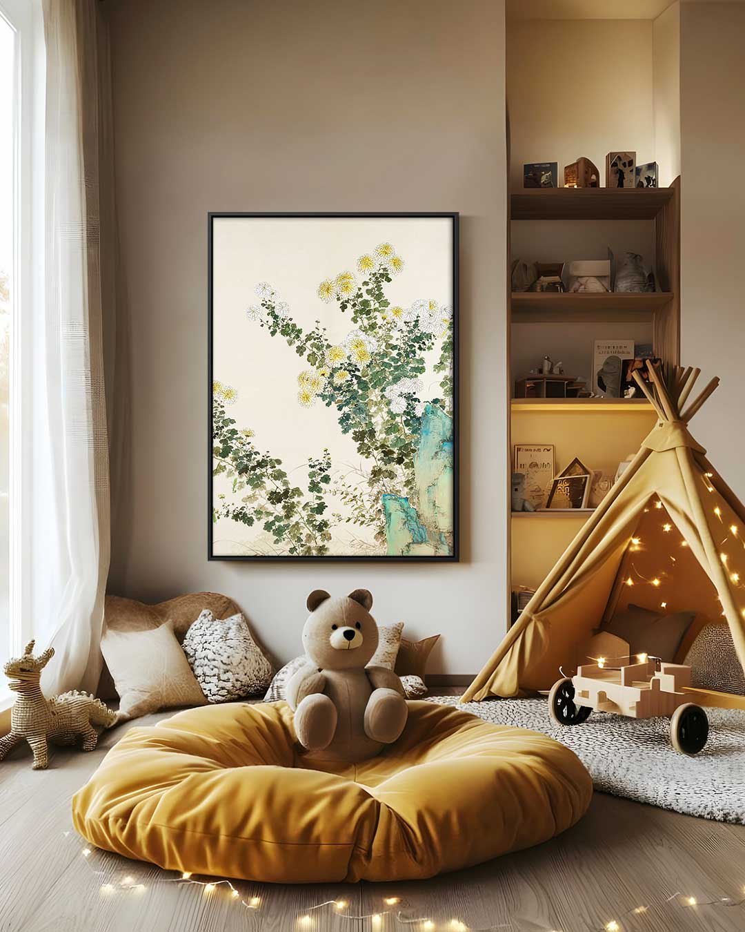 Bloeiende Chrysanten in de Zon – staand kunstwerk voor modern interieur