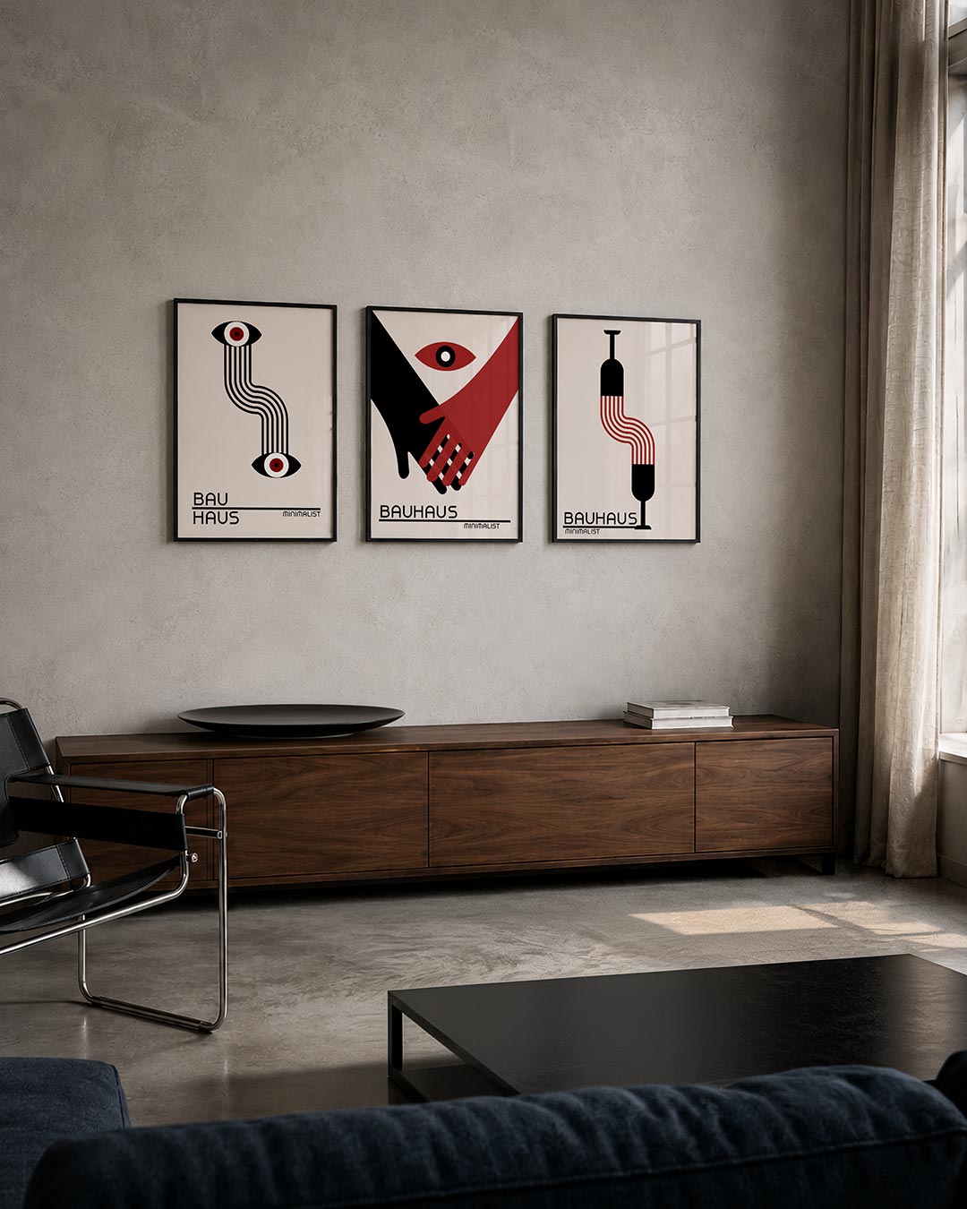 Ooglijnenspel posterset – tweede productweergave – twee ogen verbonden door golvende lijnen. Zwart-wit met rode accenten.
