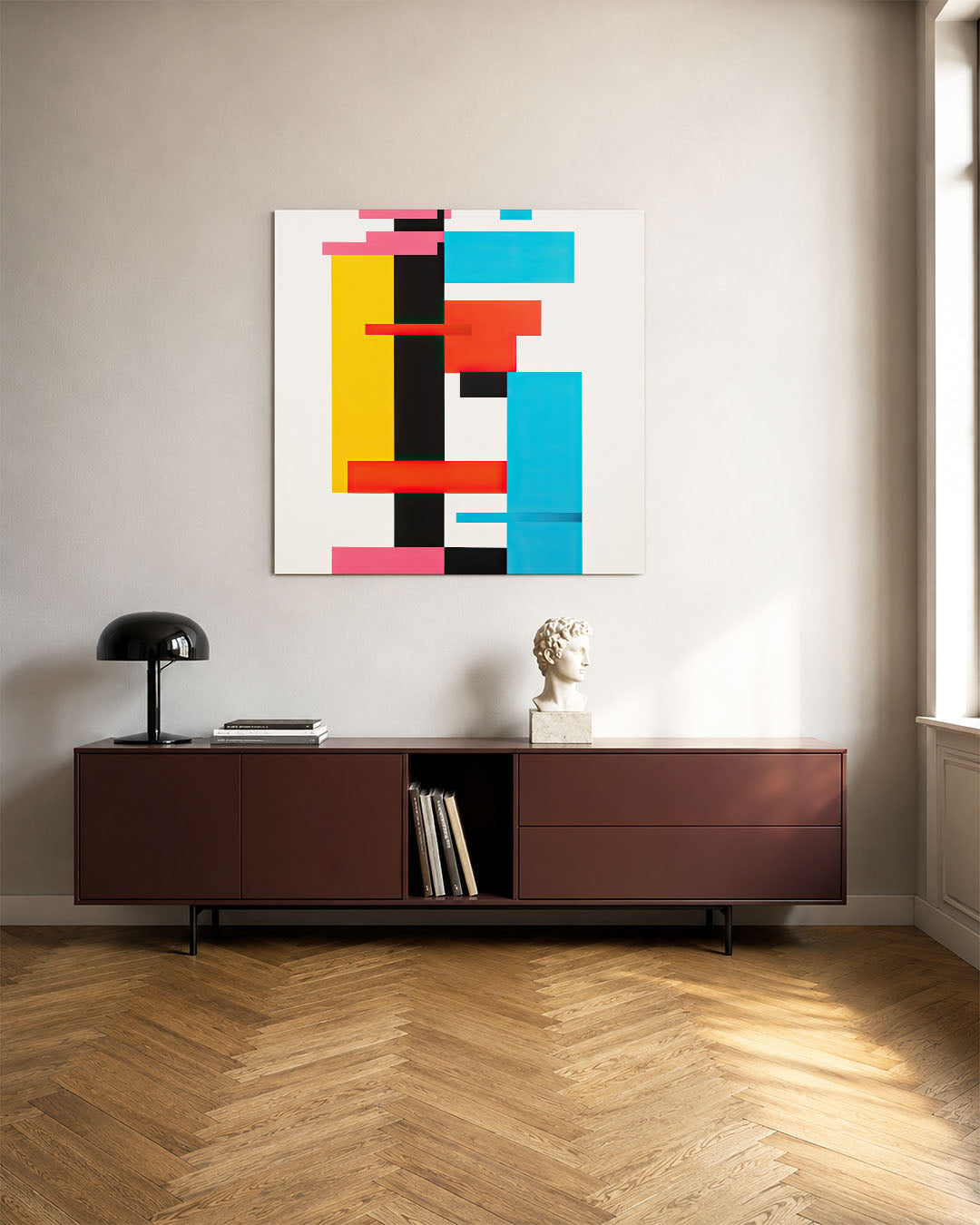 Geometrische kleurencompositie kunstwerk – tweede productweergave – dit werk toont een dynamische compositie van rechthoeken