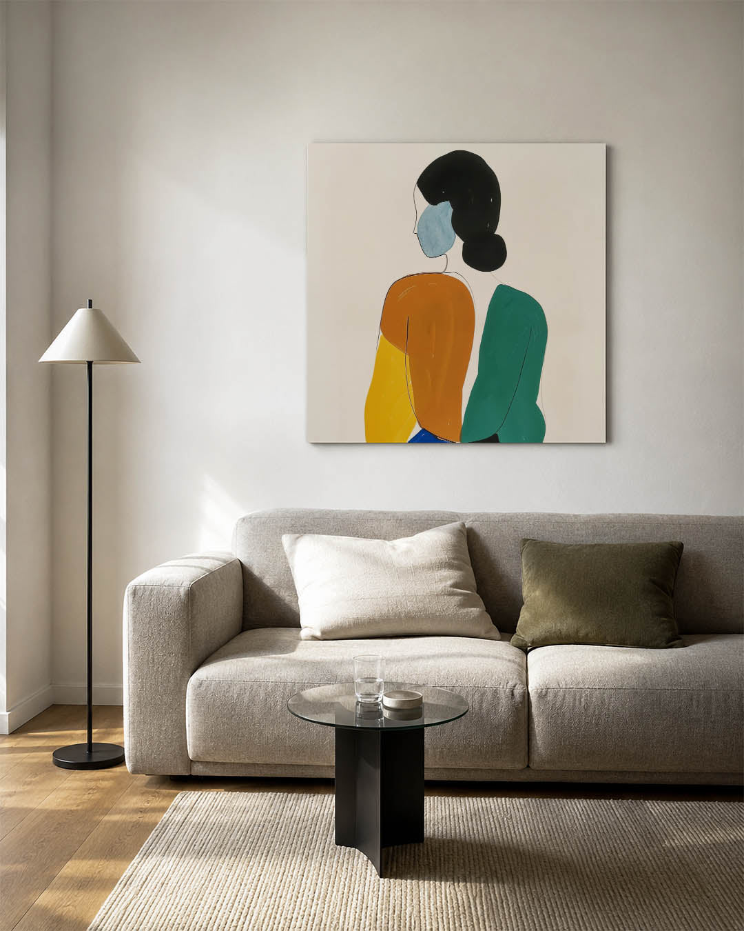 Gestileerde figuren kunstwerk – vierkante wanddecoratie – dit werk toont gestileerde figuren met vloeiende lijnen en