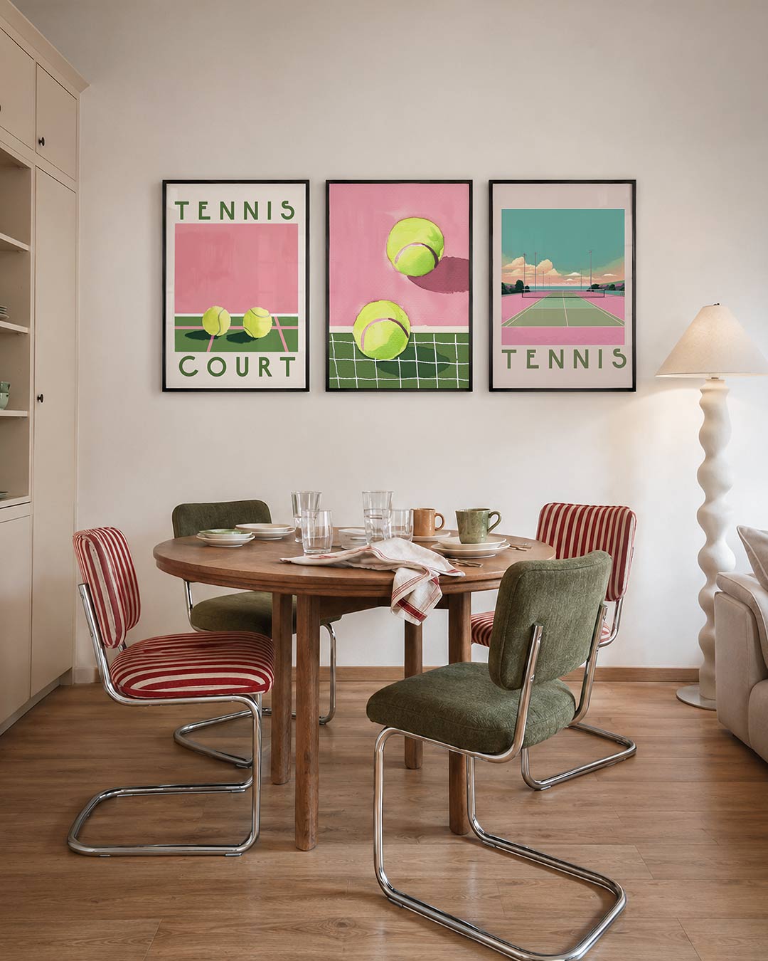 Sportieve kleuren driedelige posterset – deze posterset in drie delen toont een speelse mix van roze