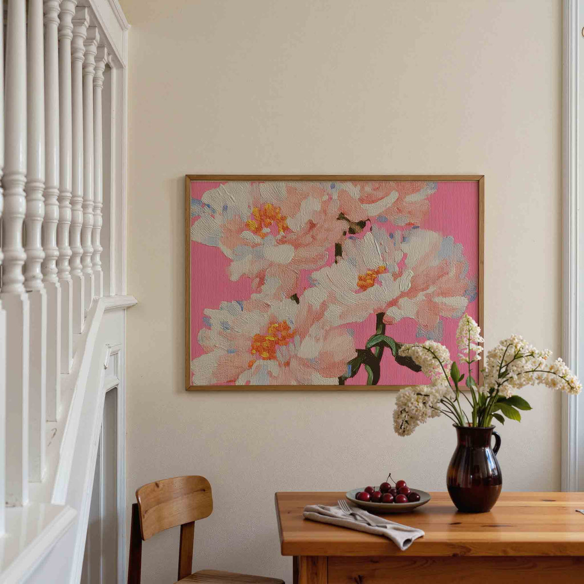 Bloemen op roze – botanische poster in liggend formaat