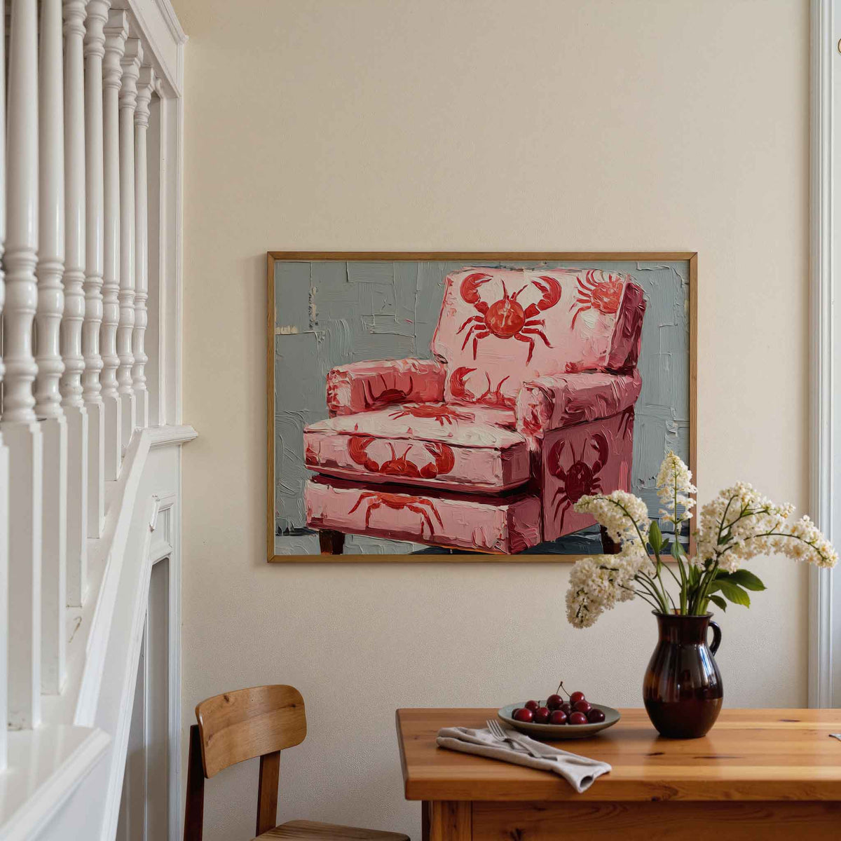 Kreeftmotief op roze stoel – moderne poster in liggend formaat