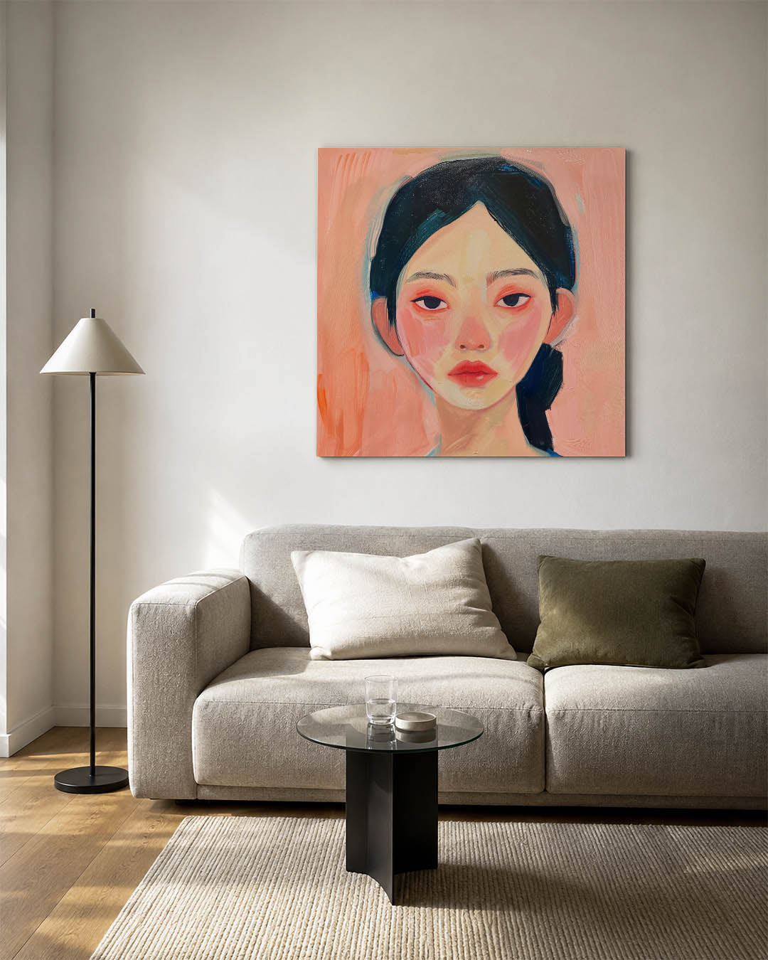 Portretstudie kunstwerk – vierkante wanddecoratie – dit werk toont een portret met zachte penseelstreken. De kleuren roze en