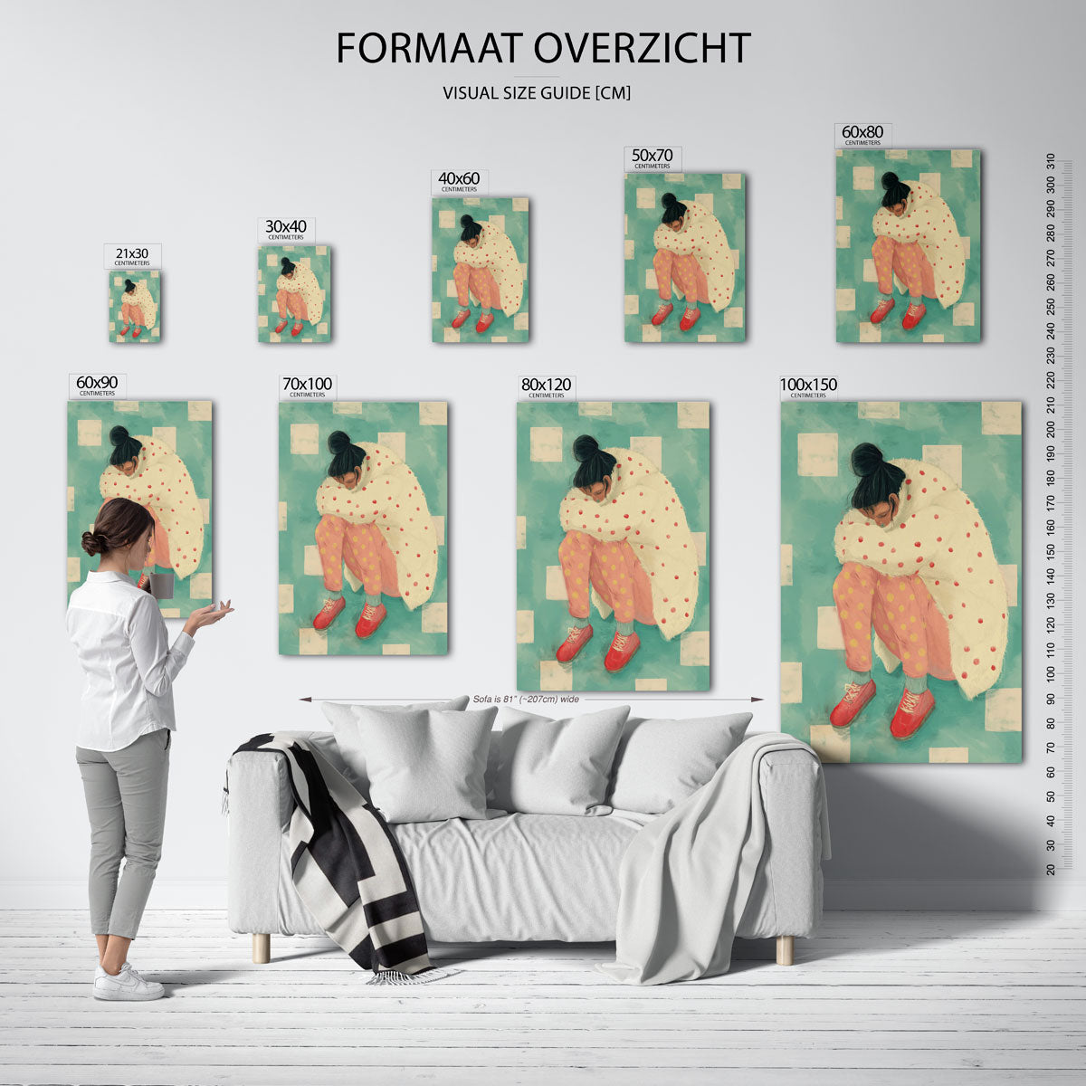 Vrouw in stippenjas – staande muurposter voor een modern interieur