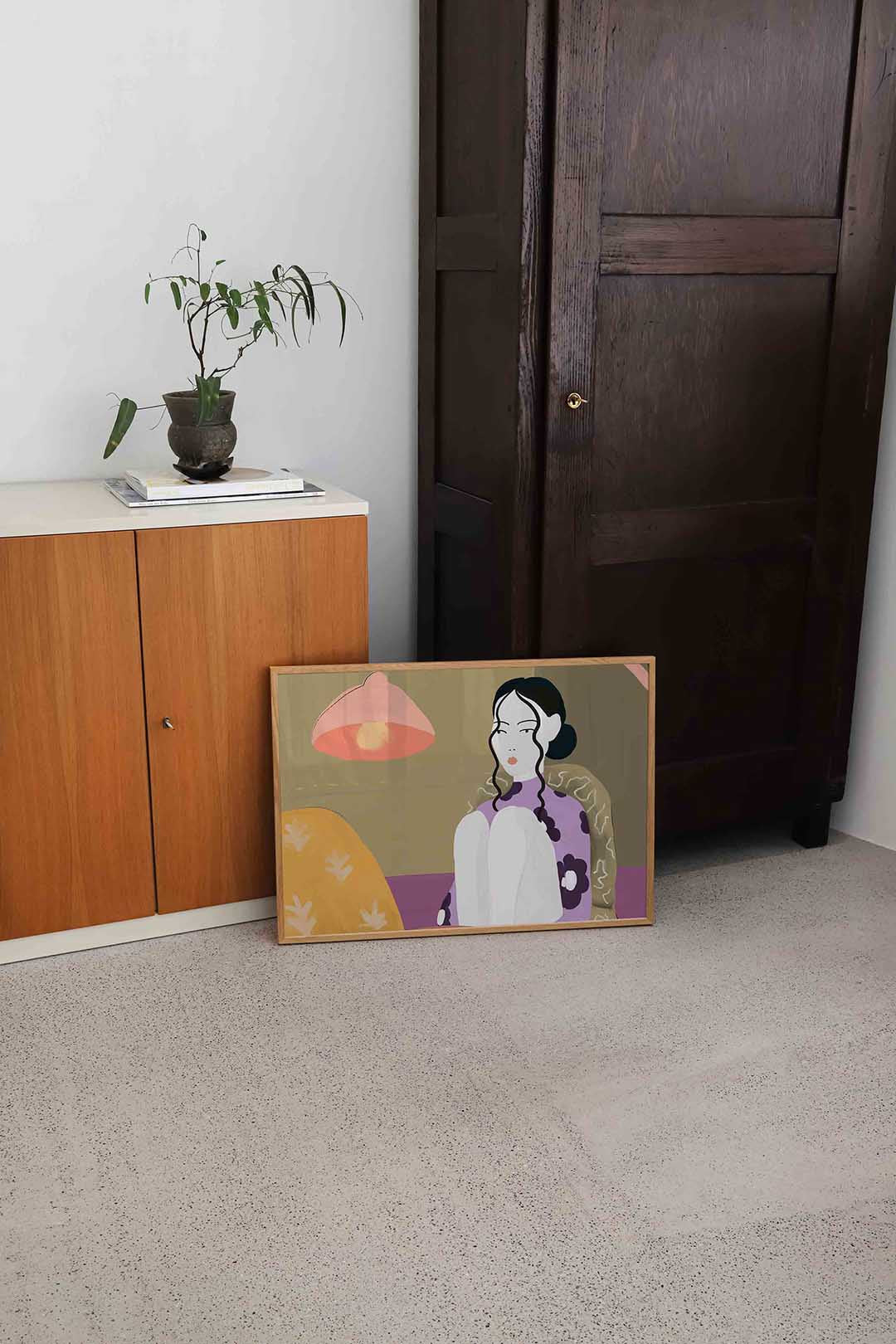 Vrouw met lamp – hedendaagse illustratie als liggende poster