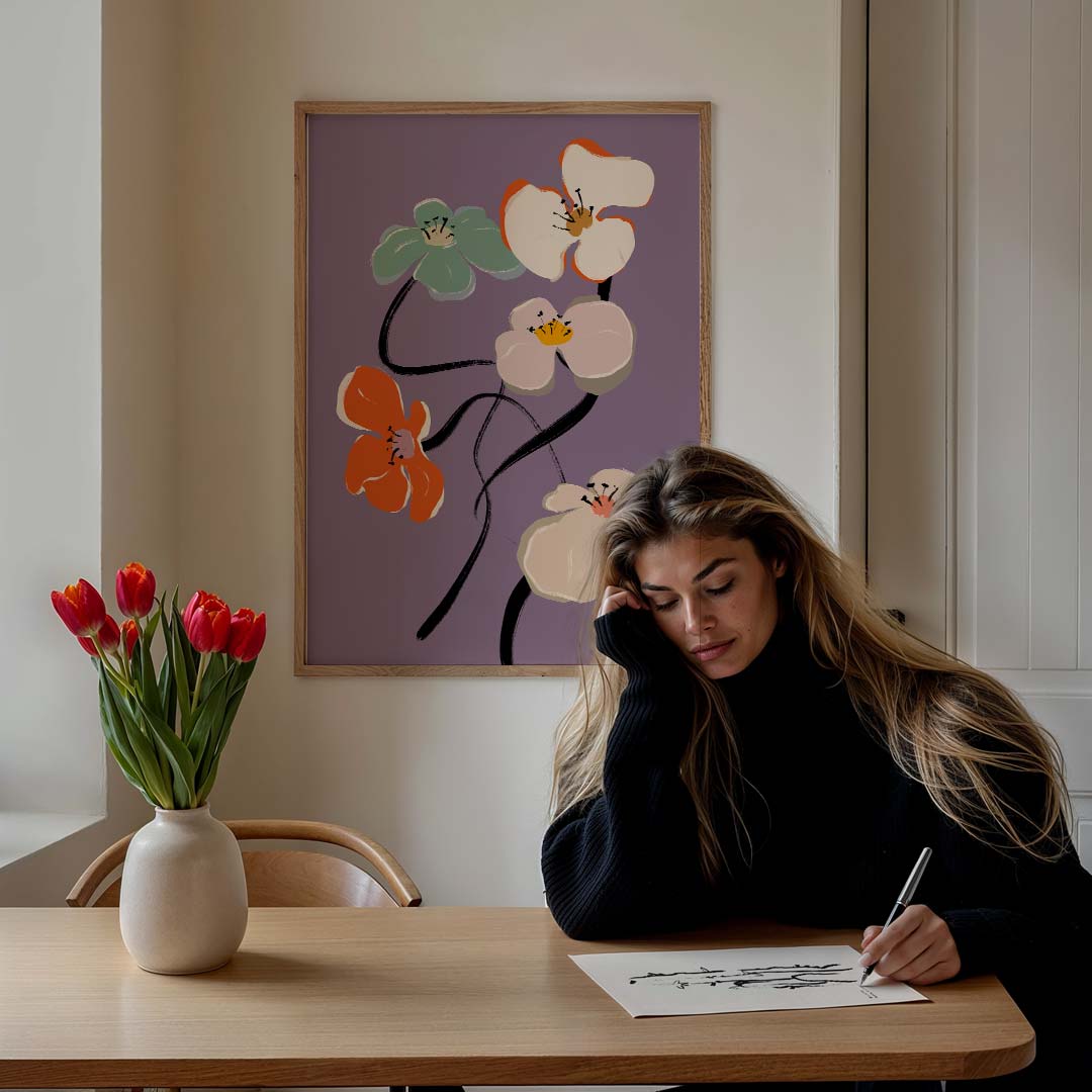 Vrolijke Bloemen op Paarse Achtergrond – bloemen poster in staand formaat