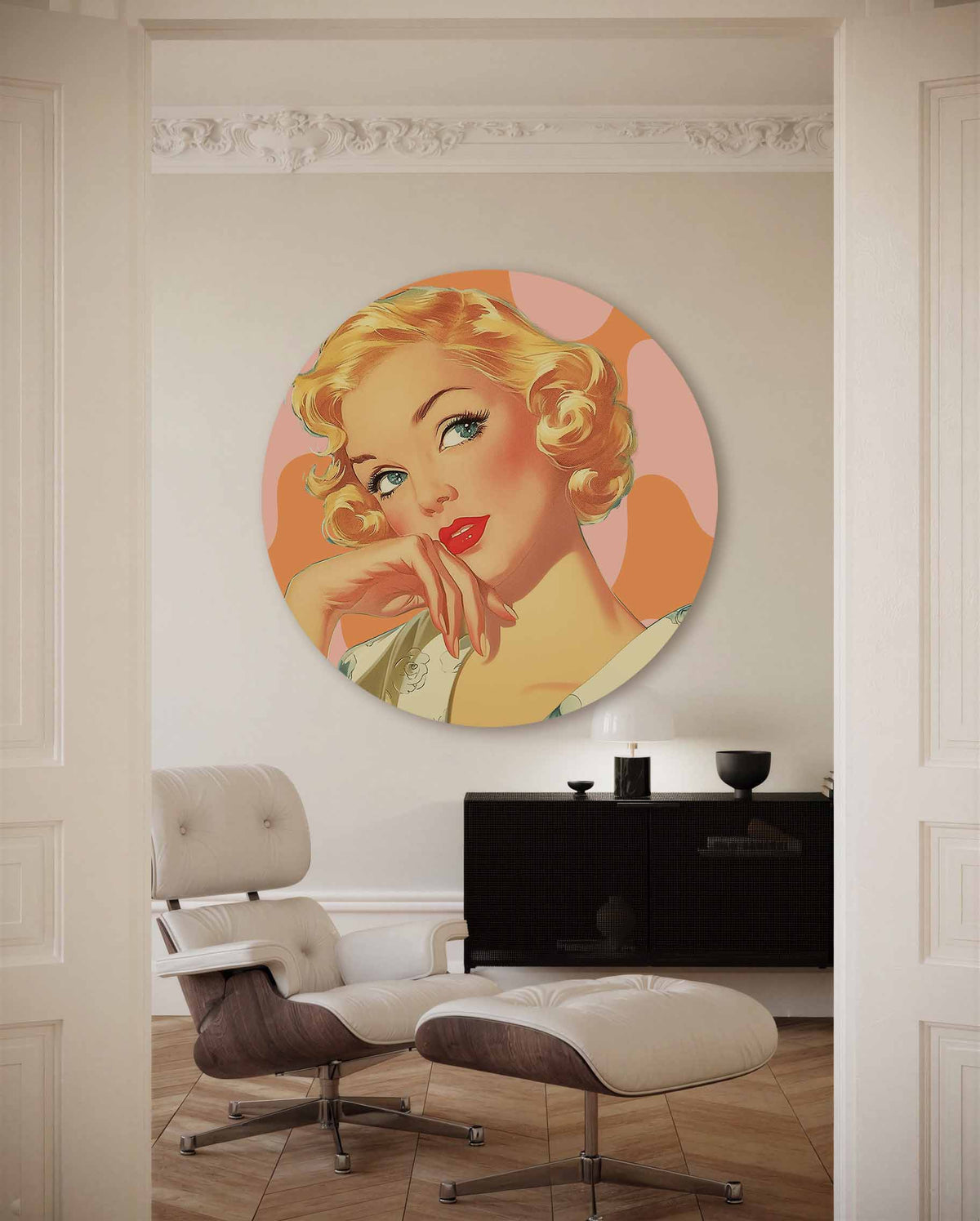 Blonde vrouw – kleurrijke Pop Art muurcirkel voor aan de muur