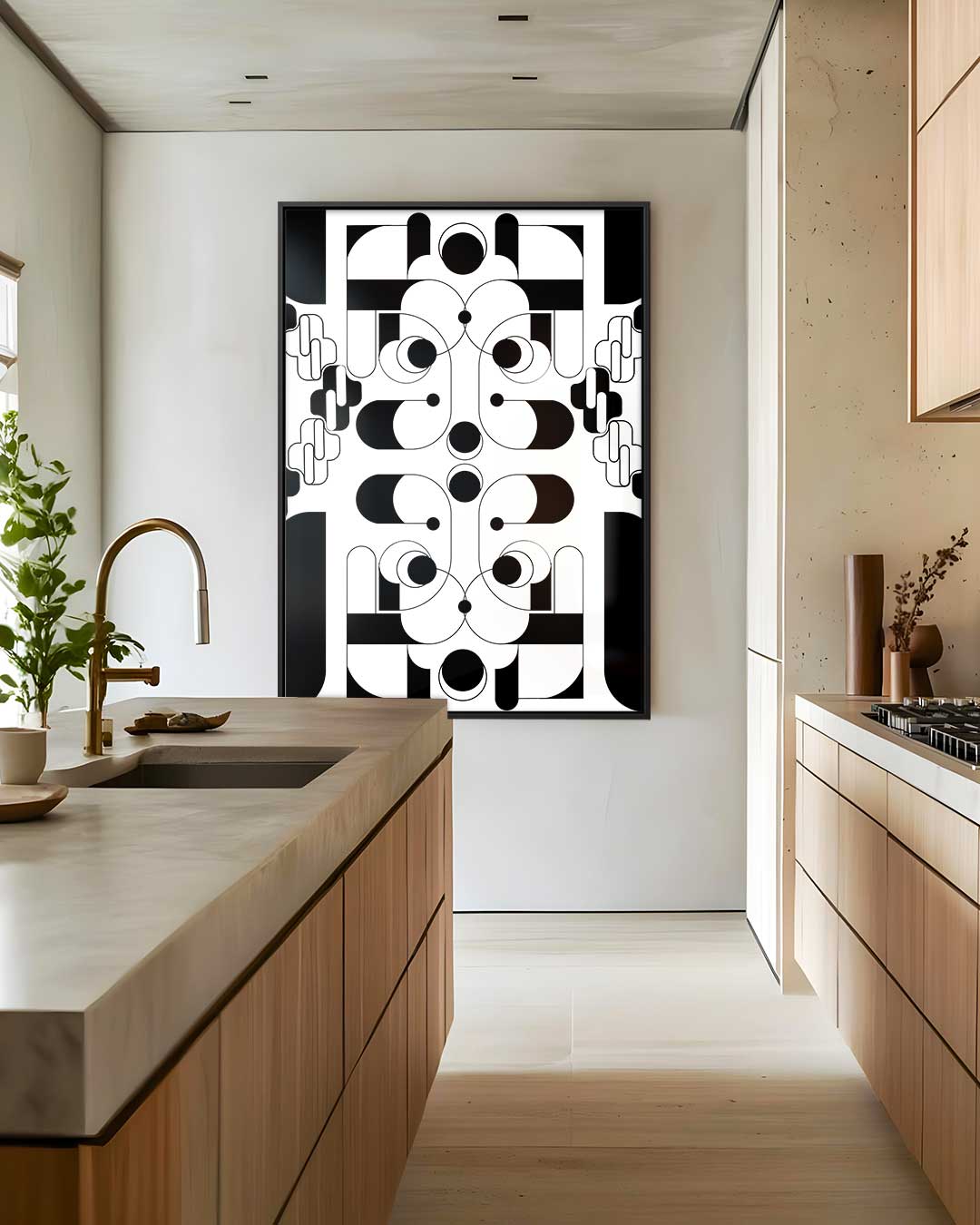 Geometrische Zwart-wit Harmonie – dibond wanddecoratie in staand formaat