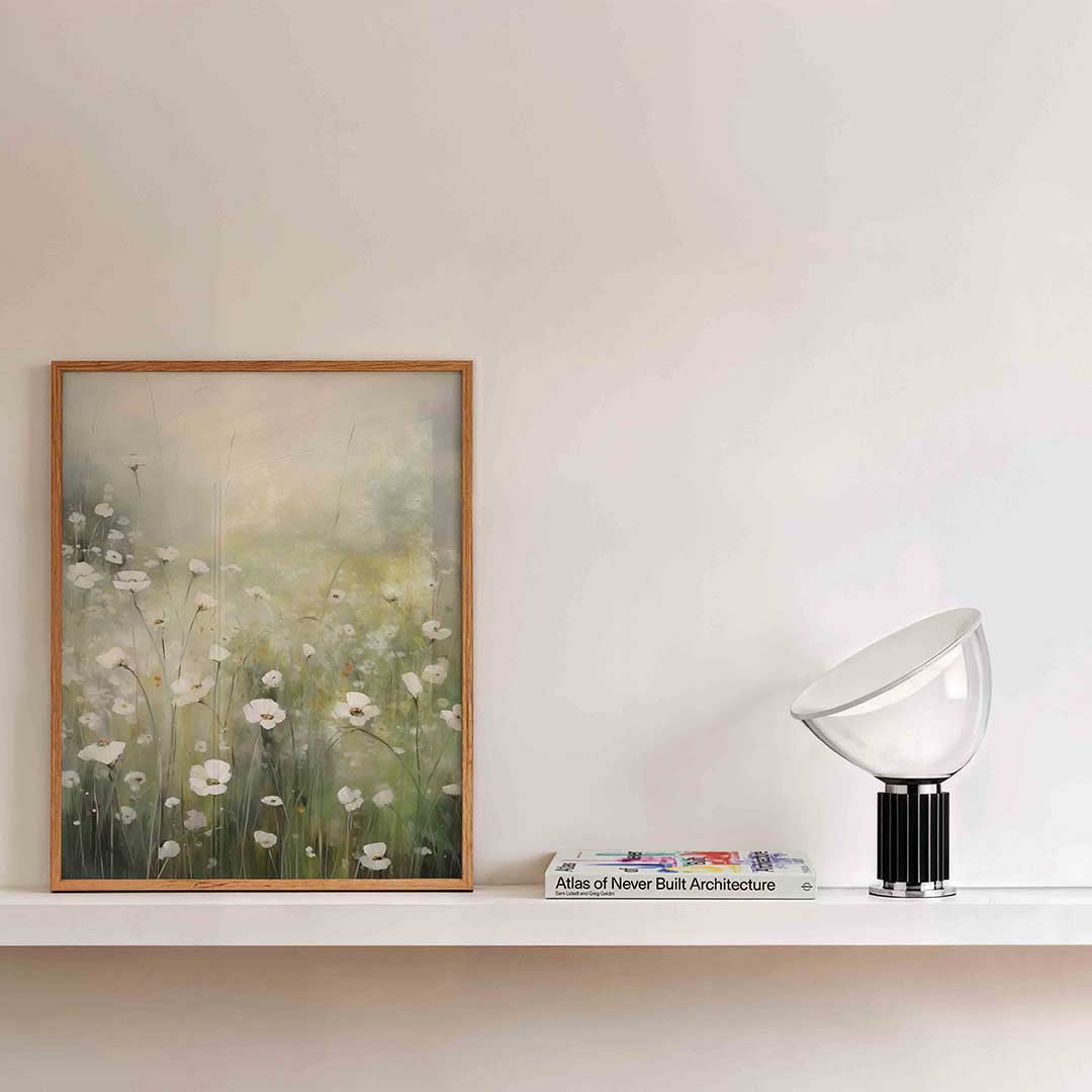 Witte bloemen in veld – bloemen wandkunst als portret poster