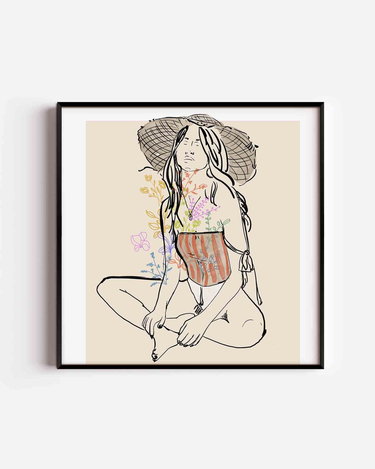 Zittende vrouw met bloemen – vierkante poster met kleur en vormen als wanddecoratie