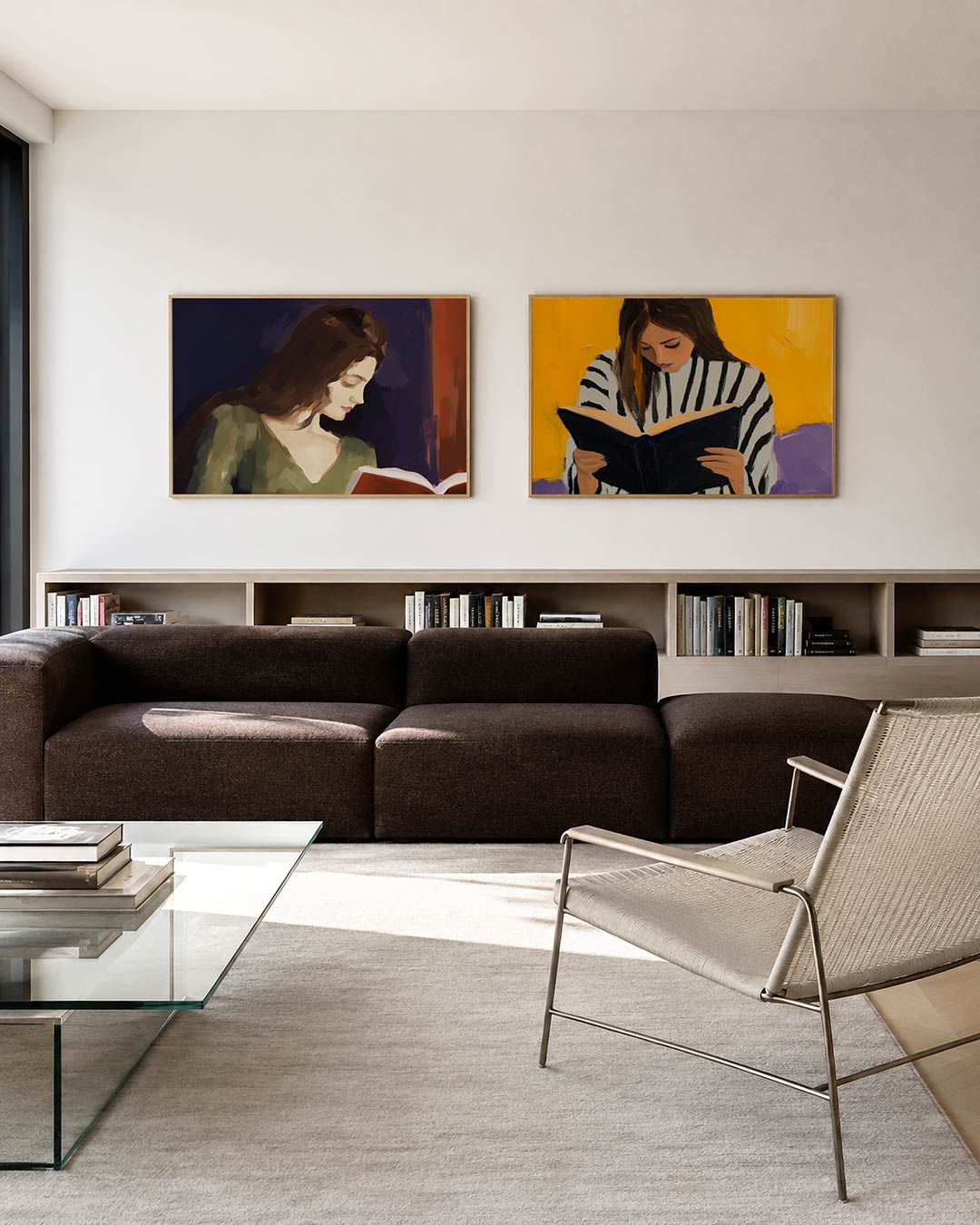 Interieurpresentatie van twee posters met donkere tinten en een rustige visuele opbouw