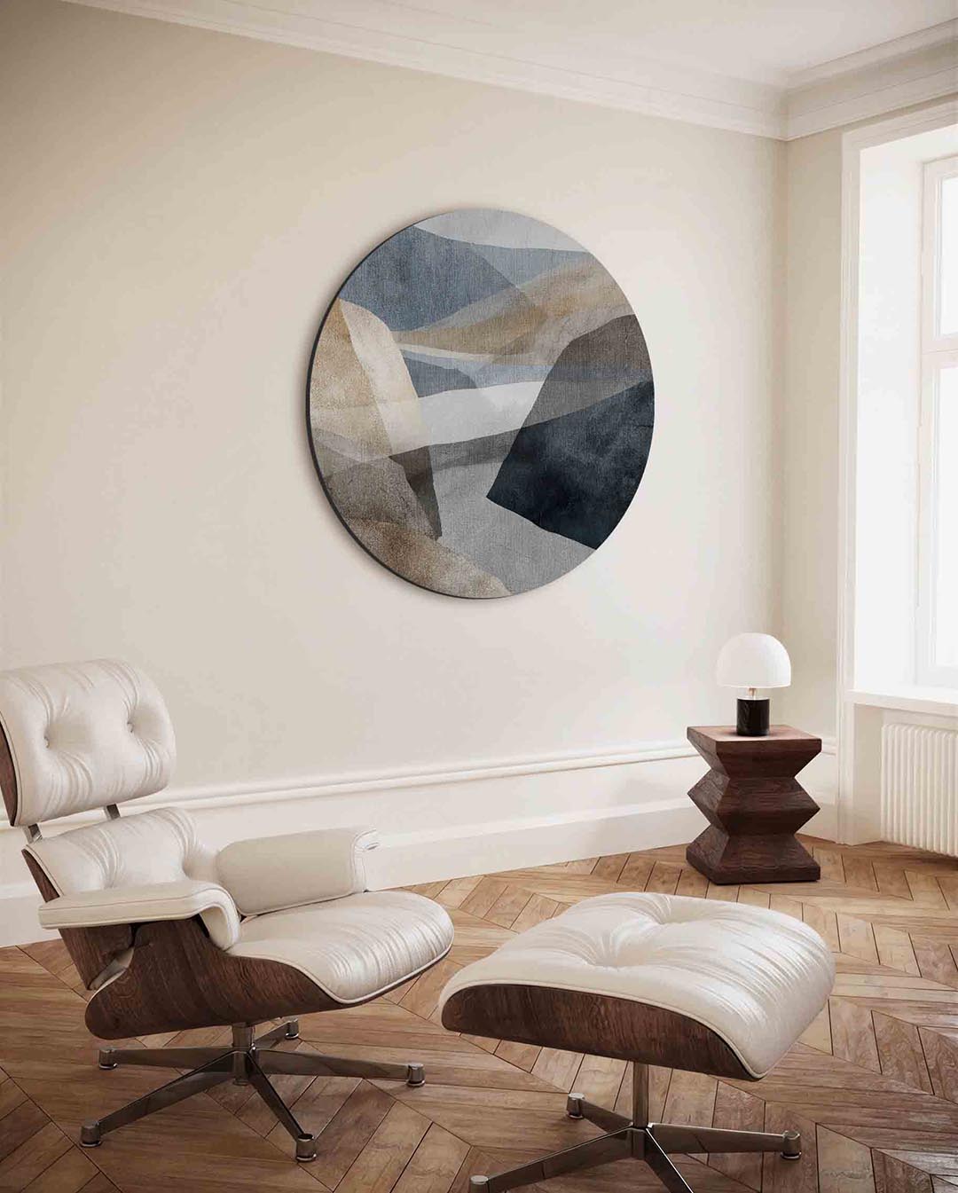 Landschap in lagen – ronde wanddecoratie met abstract ontwerp