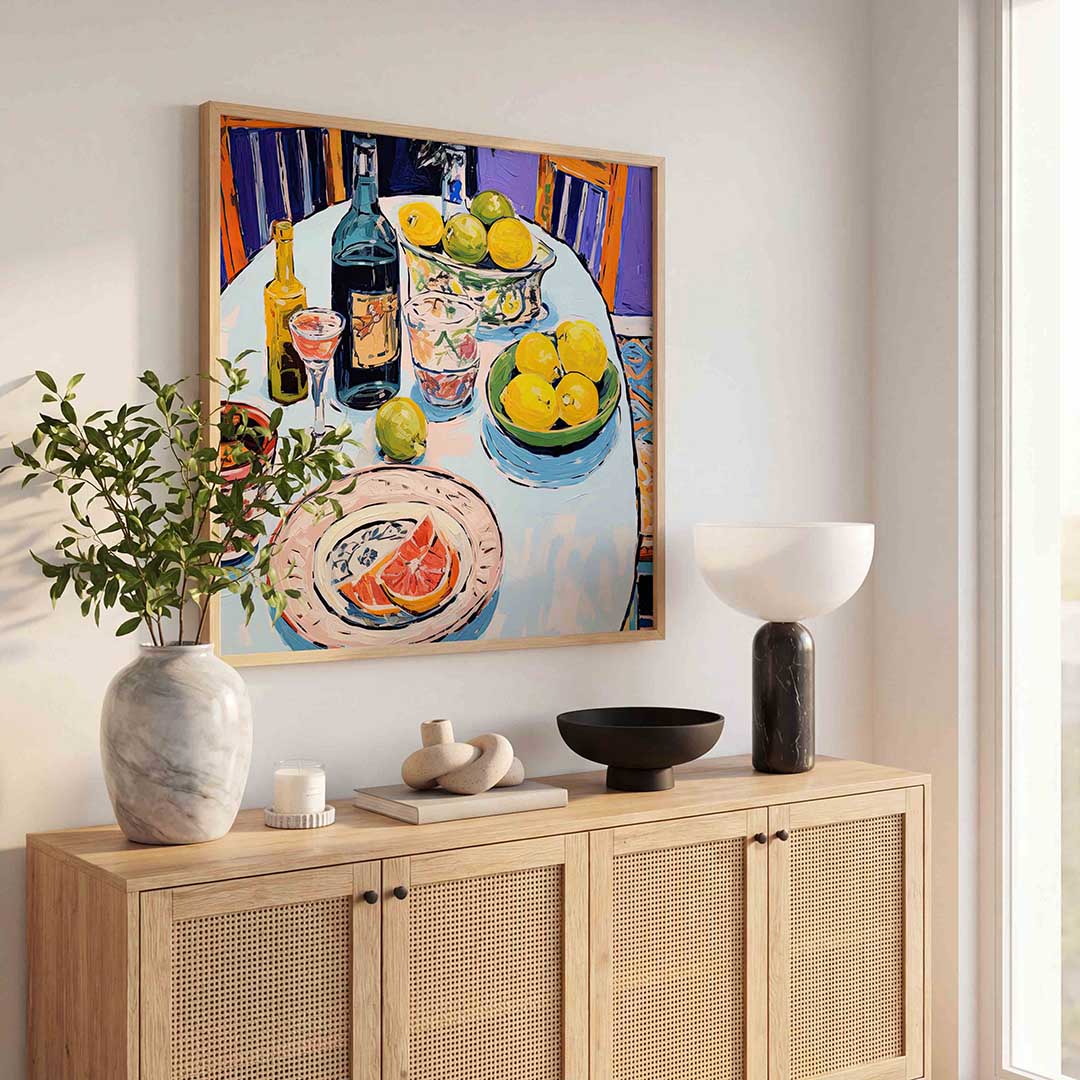 Fruit en flessen op tafel – illustratie poster in vierkant formaat