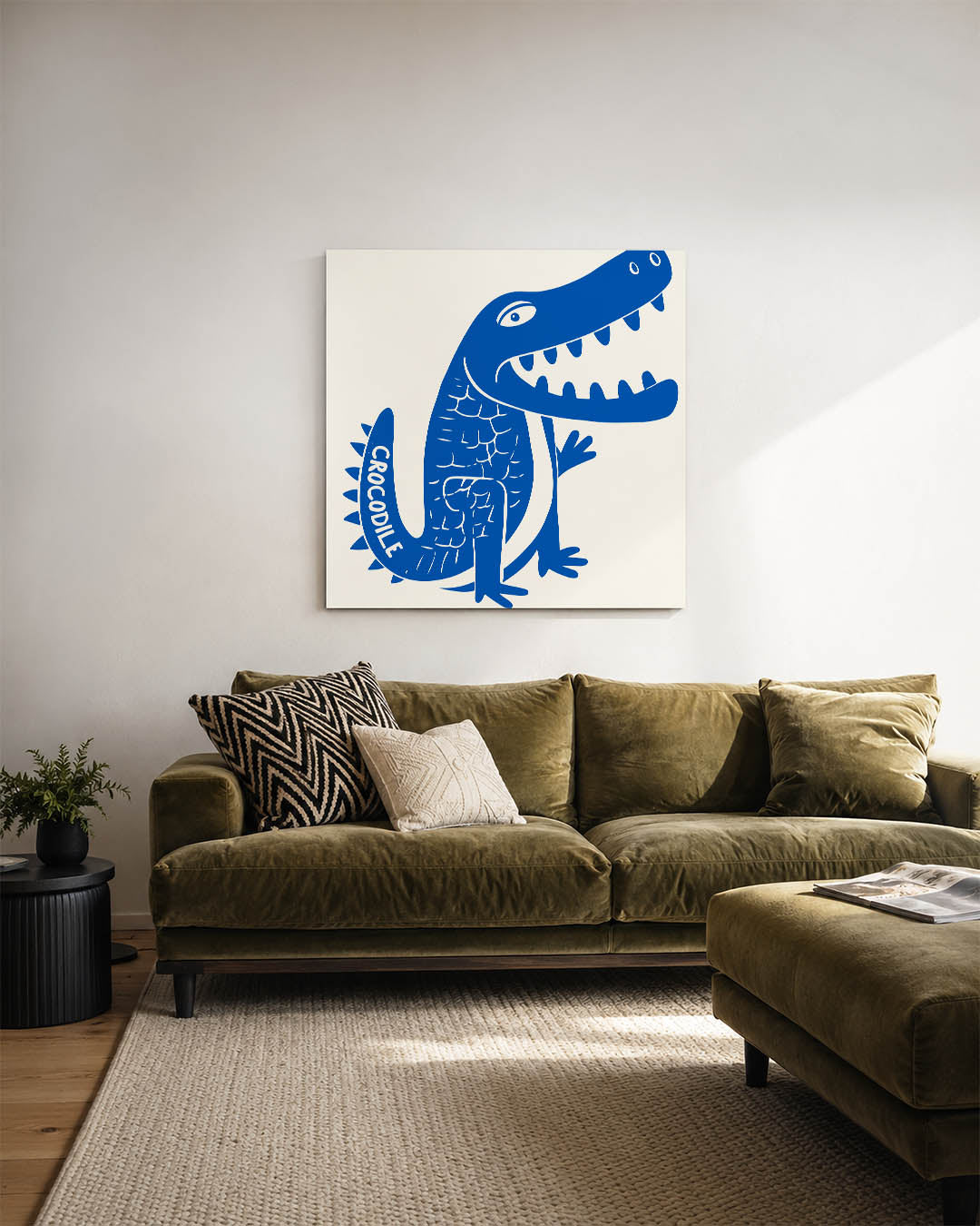 Speelse krokodil illustratie kunstwerk – sfeerbeeld – dit werk toont een speelse blauwe krokodil met een grote glimlach en