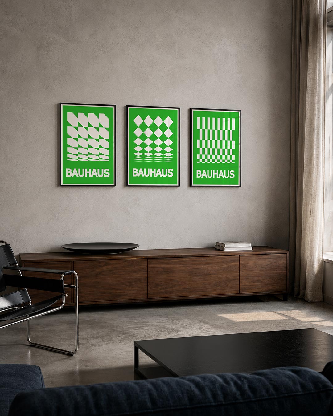 Groene vlakkenritme driedelige posterset – deze posterset in drie delen toont een levendig spel van witte en groene vlakken.